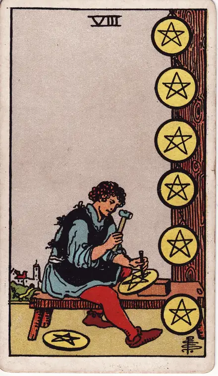 Eight of Pentacles — Rider–Waite–Smith, 1909