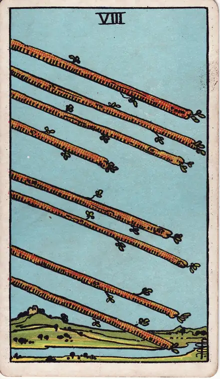 Eight of Wands — Rider–Waite–Smith, 1909