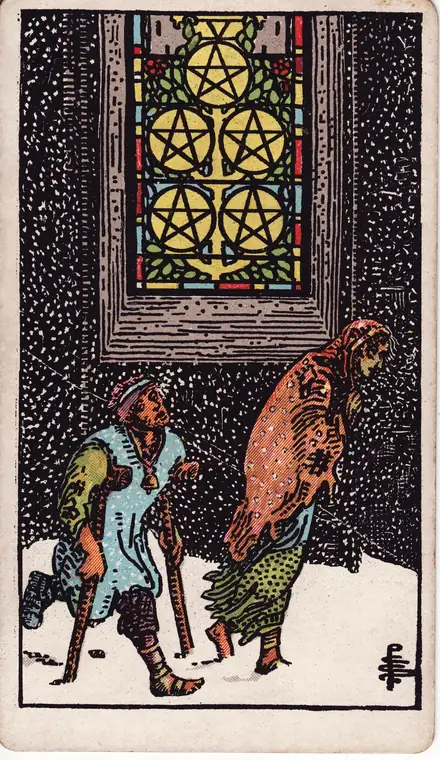 Five of Pentacles — Rider–Waite–Smith, 1909