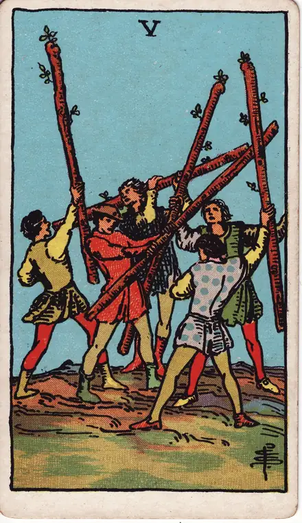 Five of Wands — Rider–Waite–Smith, 1909