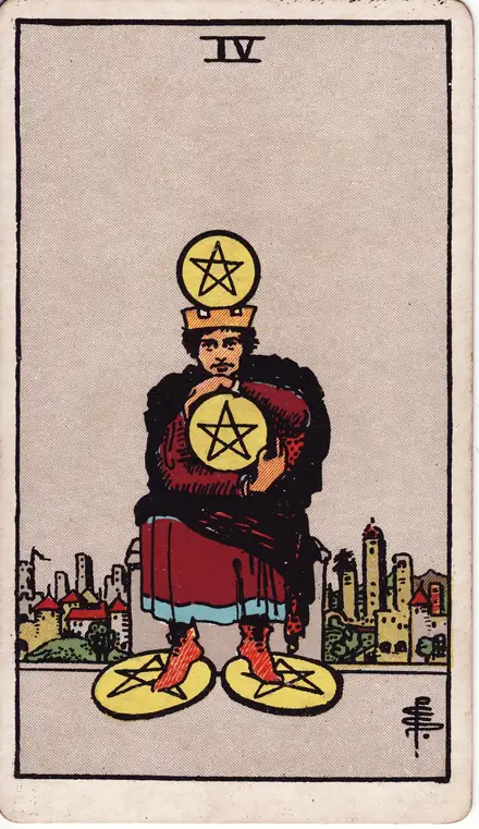 Four of Pentacles — Rider–Waite–Smith, 1909