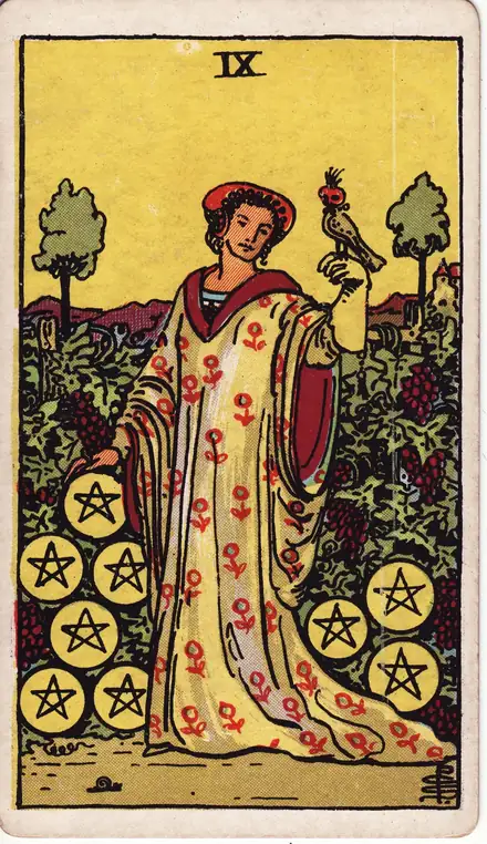 Nine of Pentacles — Rider–Waite–Smith, 1909