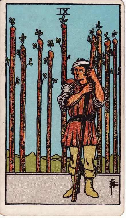 Nine of Wands — Rider–Waite–Smith, 1909