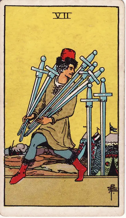 Seven of Swords — Rider–Waite–Smith, 1909