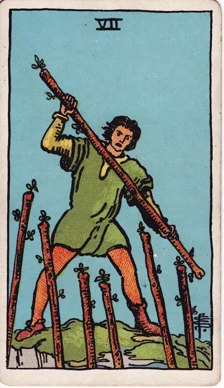 Seven of Wands — Rider–Waite–Smith, 1909