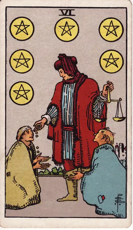 Six of Pentacles — Rider–Waite–Smith, 1909