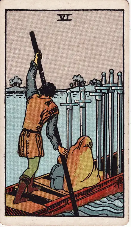 Six of Swords — Rider–Waite–Smith, 1909