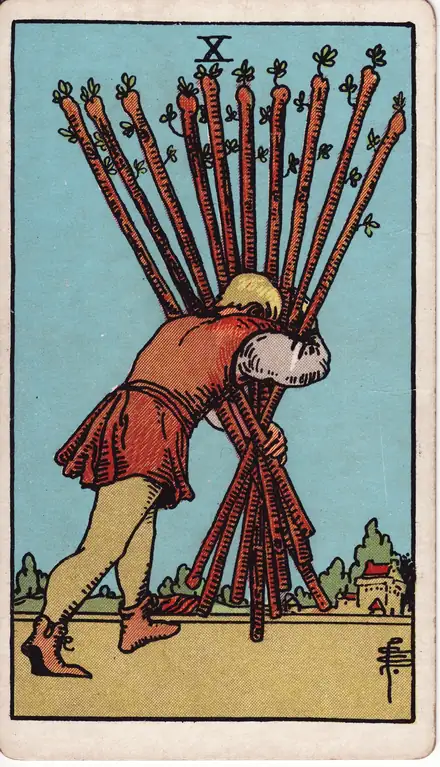 Ten of Wands — Rider–Waite–Smith, 1909