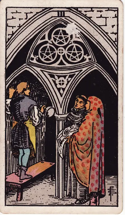 Three of Pentacles — Rider–Waite–Smith, 1909