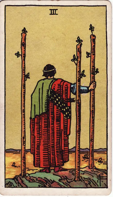 Three of Wands — Rider–Waite–Smith, 1909