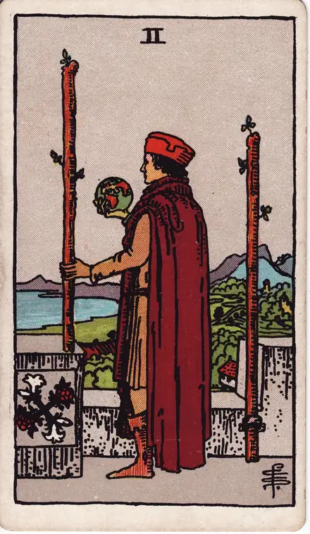 Two of Wands — Rider–Waite–Smith, 1909